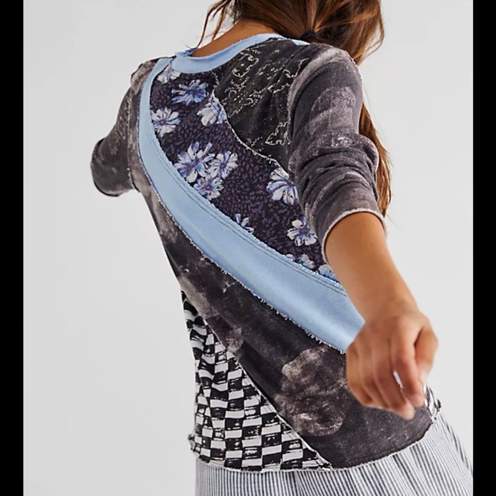 Free People We The Free Weekday Night Tee Patchwork Mixed PrintTop XL - Picture 4 of 12